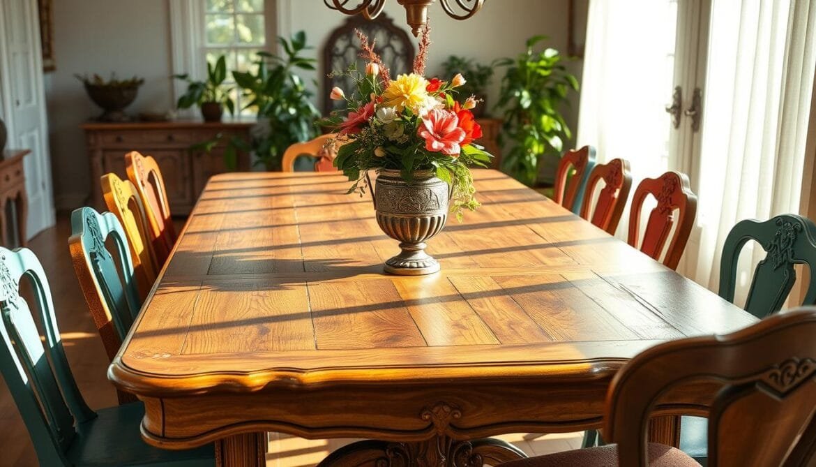 A spacious vintage-style dining table stands in a sun-drenched room, its ornate wooden frame and distressed finish exuding rustic charm. Gleaming brass hardware and intricately carved details add a touch of old-world elegance. Gathered around the table, mismatched vintage chairs in varying hues of teal, burgundy, and honey create a cozy, lived-in atmosphere. Lush potted plants and a decorative antique vase with a spray of fresh flowers adorn the tabletop, complementing the warm, earthy tones. Soft natural light filters through sheer curtains, casting a gentle glow across the scene and highlighting the table's weathered patina. The overall impression is one of timeless comfort and effortless sophistication, perfectly capturing the essence of a vintage-inspired dining space. Ein geräumiger Esstisch im Vintage-Stil steht in einem sonnendurchfluteten Raum. Sein verschnörkelter Holzrahmen und seine abgenutzte Oberfläche strahlen rustikalen Charme aus. Glänzende Messingbeschläge und kunstvoll geschnitzte Details sorgen für einen Hauch von Eleganz aus der alten Welt. Um den Tisch herum versammeln sich zusammengewürfelte Vintage-Stühle in verschiedenen Petrol-, Burgunder- und Honigtönen, die eine gemütliche, wohnliche Atmosphäre schaffen. Üppige Topfpflanzen und eine dekorative antike Vase mit einem Strauß frischer Blumen schmücken die Tischplatte und ergänzen die warmen, erdigen Töne. Sanftes natürliches Licht fällt durch die durchsichtigen Vorhänge und wirft einen sanften Schein auf die Szene, der die verwitterte Patina des Tisches hervorhebt. Der Gesamteindruck ist von zeitlosem Komfort und müheloser Raffinesse und fängt die Essenz eines vintage-inspirierten Essbereichs perfekt ein.